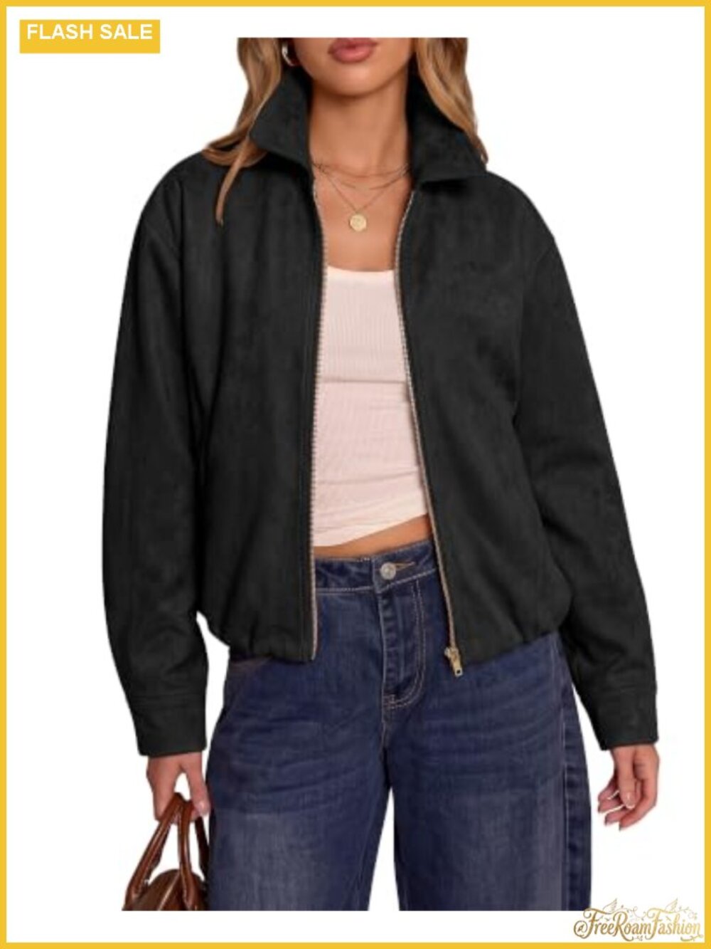 Faux Suede Bomber Jacket Women Oversized Cropped Zip Up Fall Coat